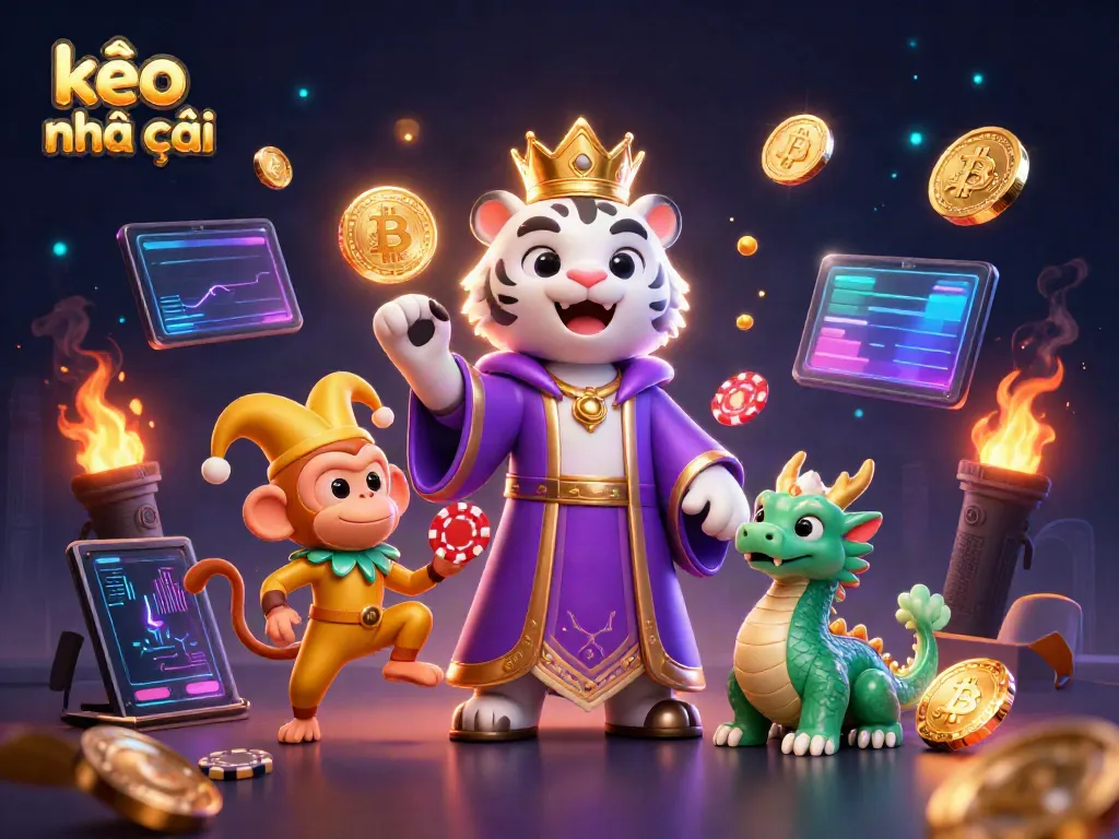 Engage with kèo nhà cái through an immersive scene with animated characters and crypto elements.