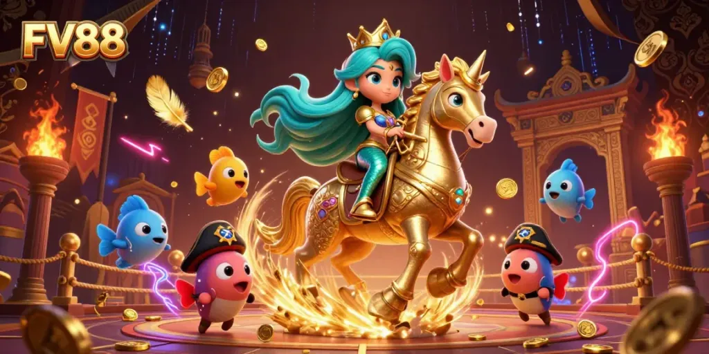 Experience the dynamic gaming action at FV88 with vibrant characters and luxurious casino elements.