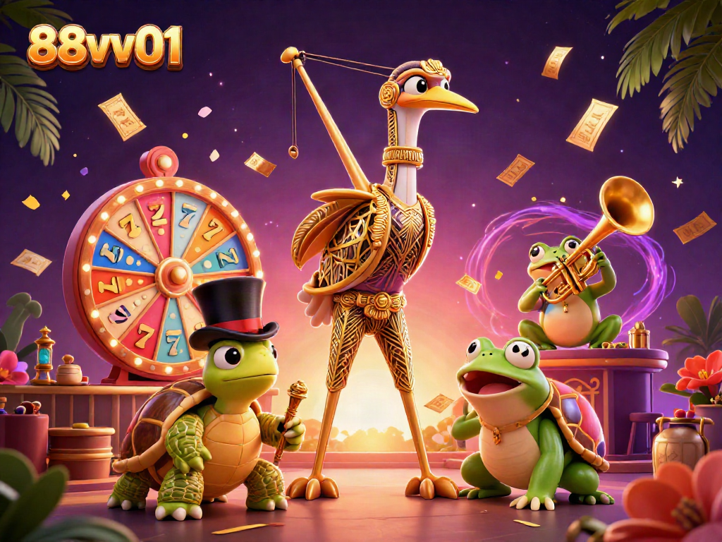 Experience 88vv01 casino excitement with vibrant slot games and colorful characters in this dynamic scene.