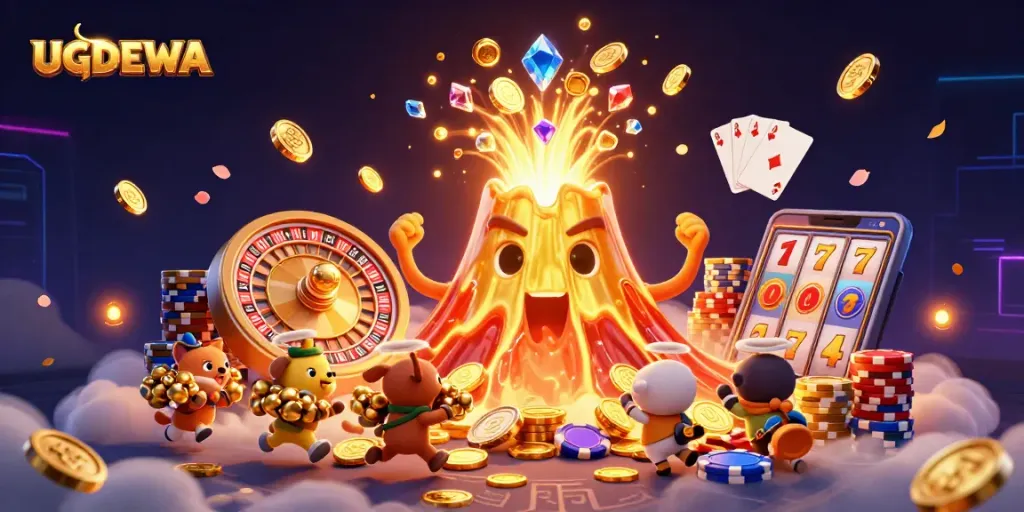 Experience excitement with UGDEWA, showcasing a golden volcano erupting treasures in an animated casino scene.