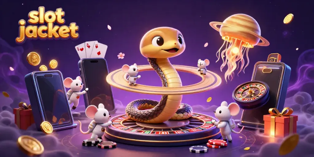Gali slot jackpot dengan gambar 3D ular cincin Saturnus yang melingkar dan rusa kasino di luar angkasa.