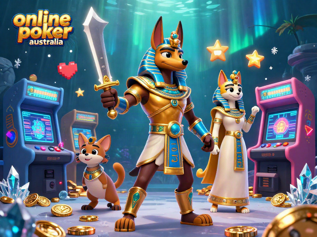 Engage in online poker Australia with Anubis amidst colorful arcade elements and gaming excitement.