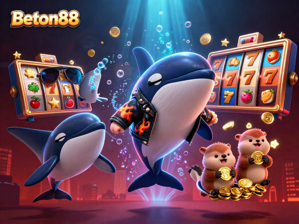 Permainan slot menarik di Beton88 dengan orca, stingray, dan otter memegang koin emas dan simbol slot.