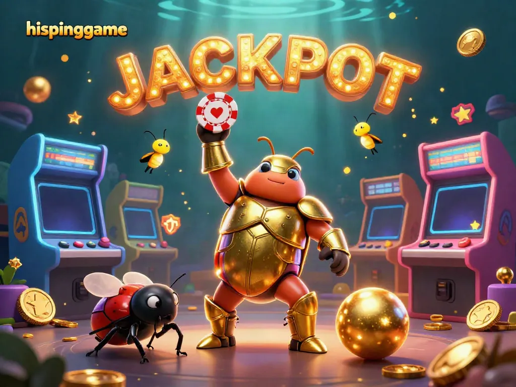 Experience the excitement of hispingame with a victorious beetle lifting a poker chip amid vibrant casino elements.