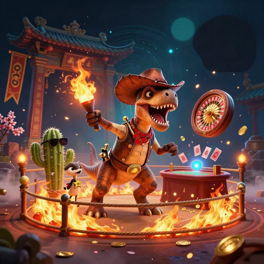 Cowboy T-Rex, cactus sidekick, and roadrunner amid casino fire, gold, and neon light.