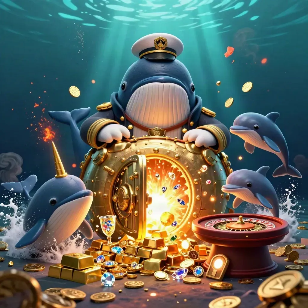 Whale captain, narwhal and dolphins erupt from coins and treasure around a glowing vault door.