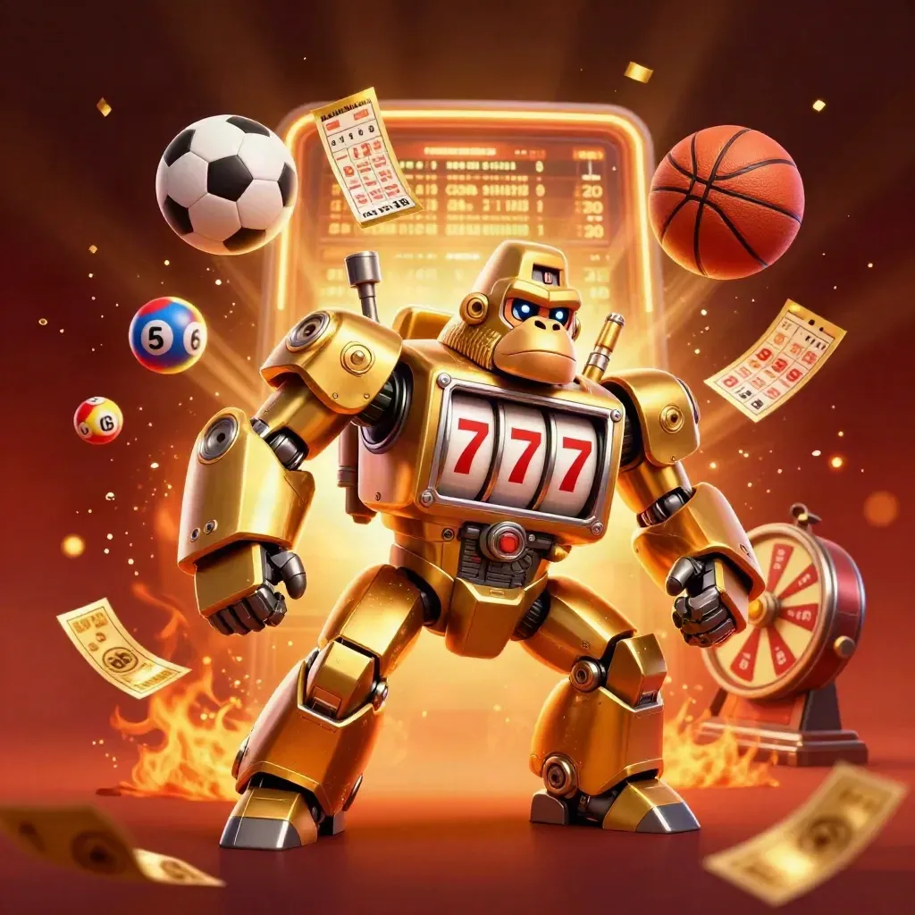 Golden gorilla mech with monkey pilot, sports balls, lottery chaos, and fiery casino glow.
