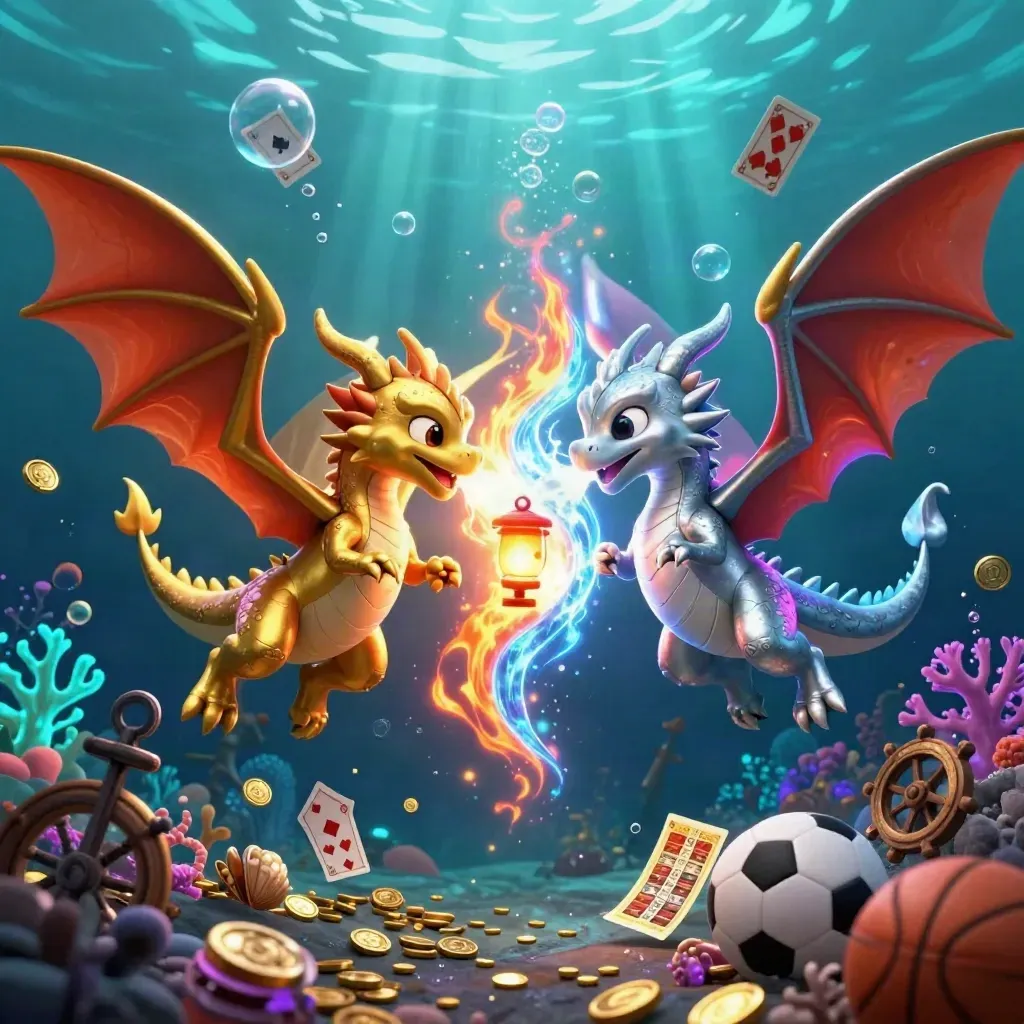 Twin gold and silver dragons in a glowing treasure cove with soccer and basketball, coins, cards, and bubbles.