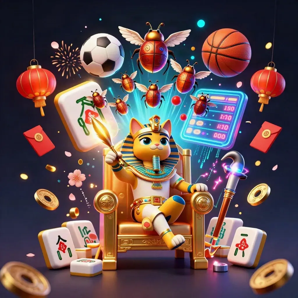 Pharaoh cat, ibis scribe, and gem-winged scarabs amid flying casino charms and sports balls.