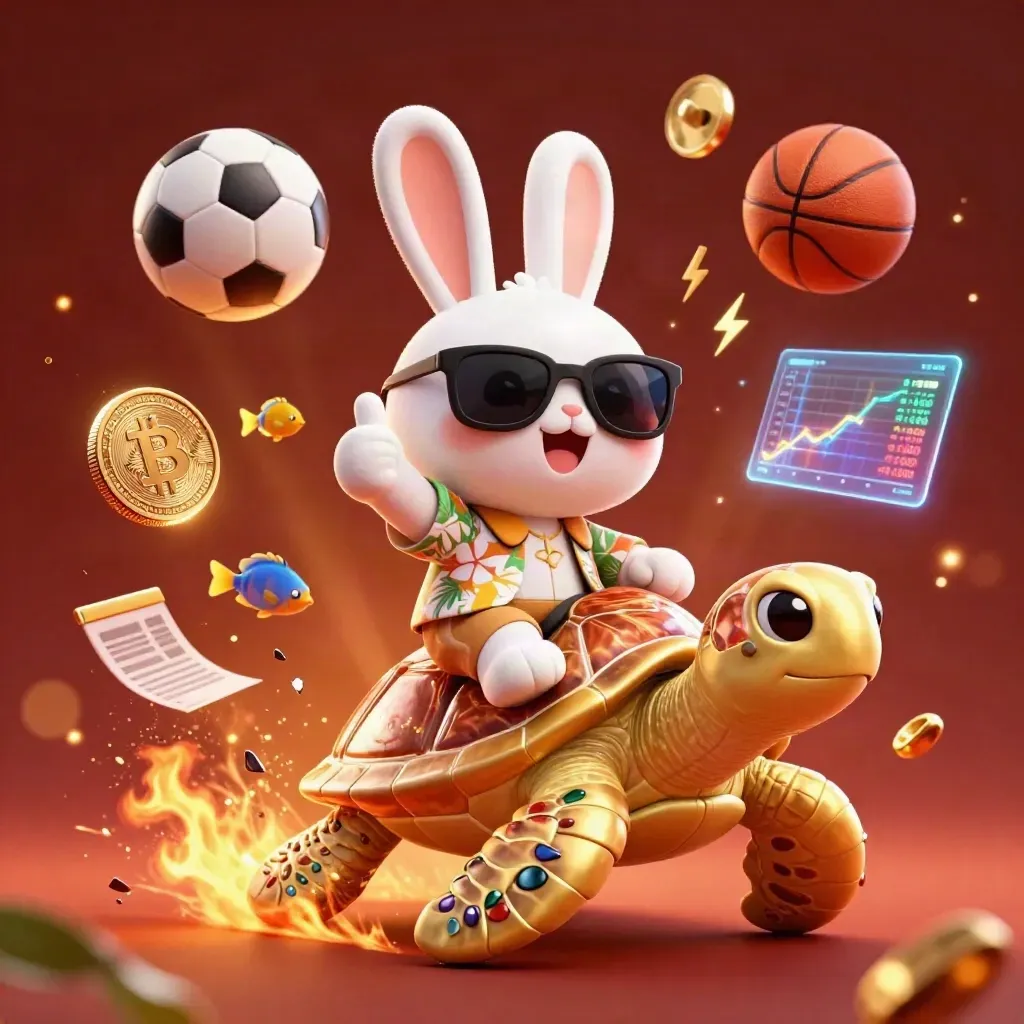Lucky rabbit rides a jeweled sea turtle amid coins, sparks, and flying sports balls.