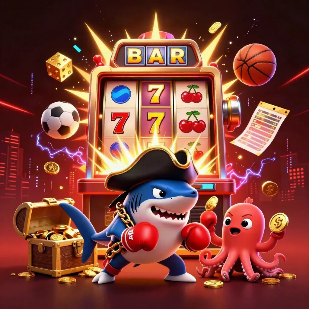 Pirate shark, boxing pufferfish, and coin-juggling octopus amid exploding slot-machine gold.