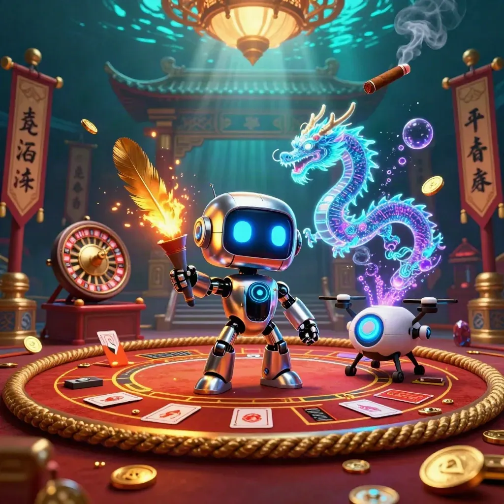 Cyberpunk robot, holographic dragon and coin drone in a fiery casino under underwater teal light.