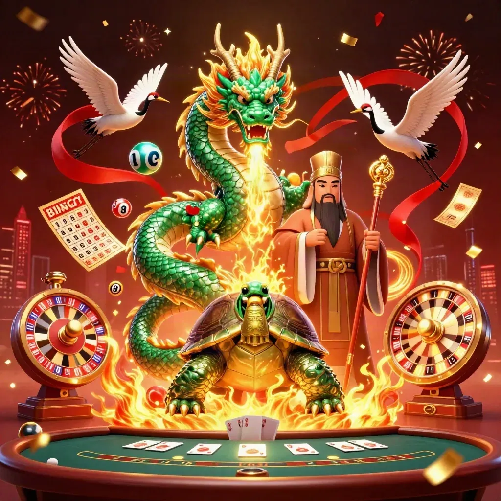 Jade dragon, turtle sage, and cranes swirl through casino lights, wheels, confetti, and fireworks.