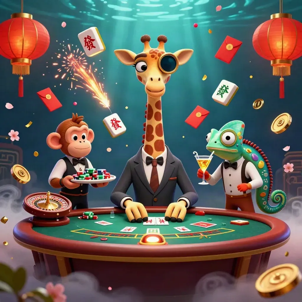 Giraffe, monkey valet, and chameleon bartender in a luxe casino scene with lanterns, coins, and glowing lights.
