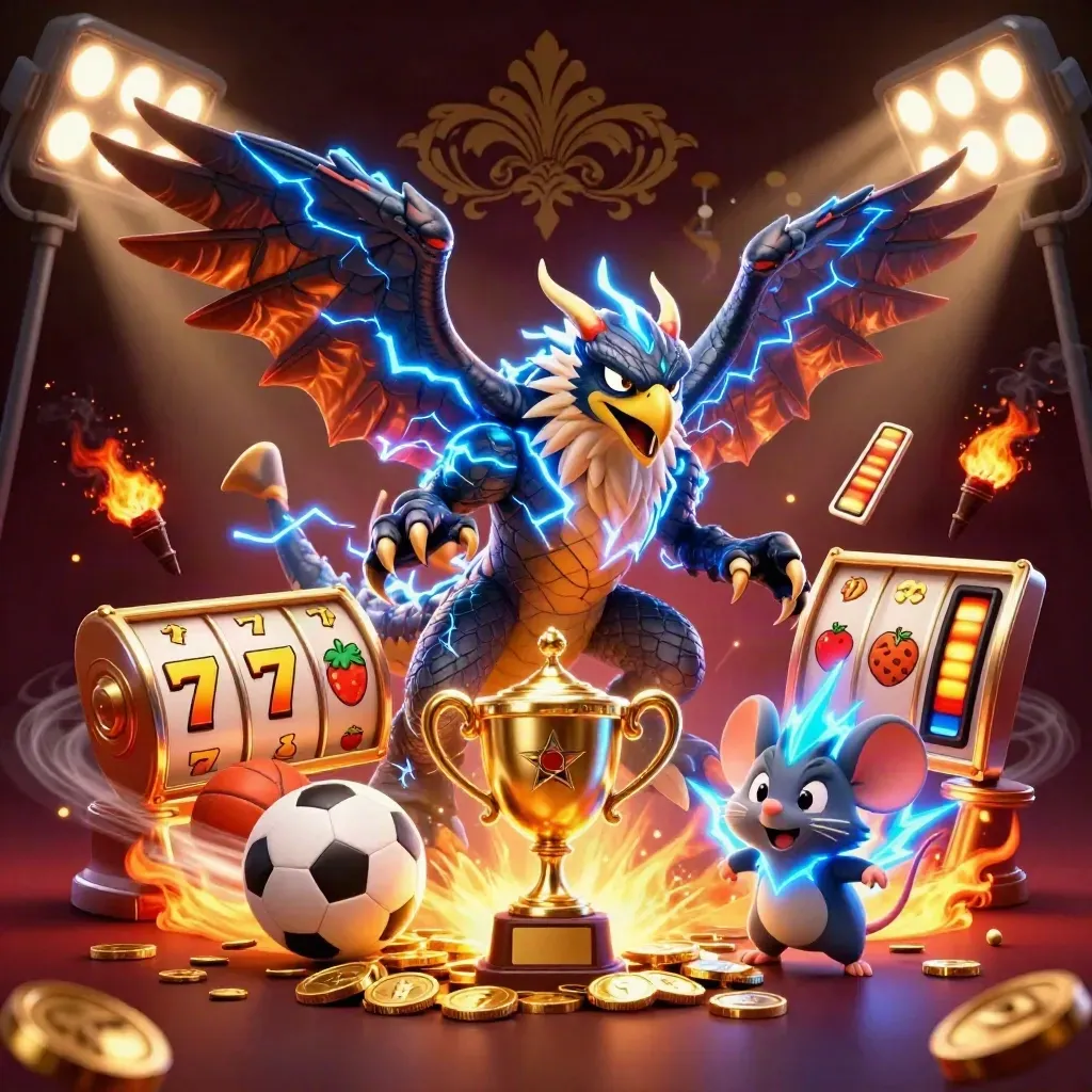 Thunder dragon, hawk, and mouse explode with casino props, gold coins, and fiery luxury energy.