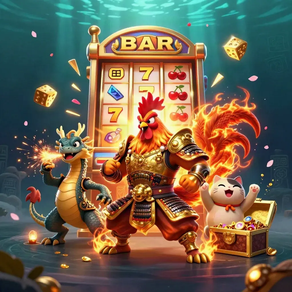 Rooster warrior, dragon hatchling, and lucky cat amid exploding slot riches underwater
