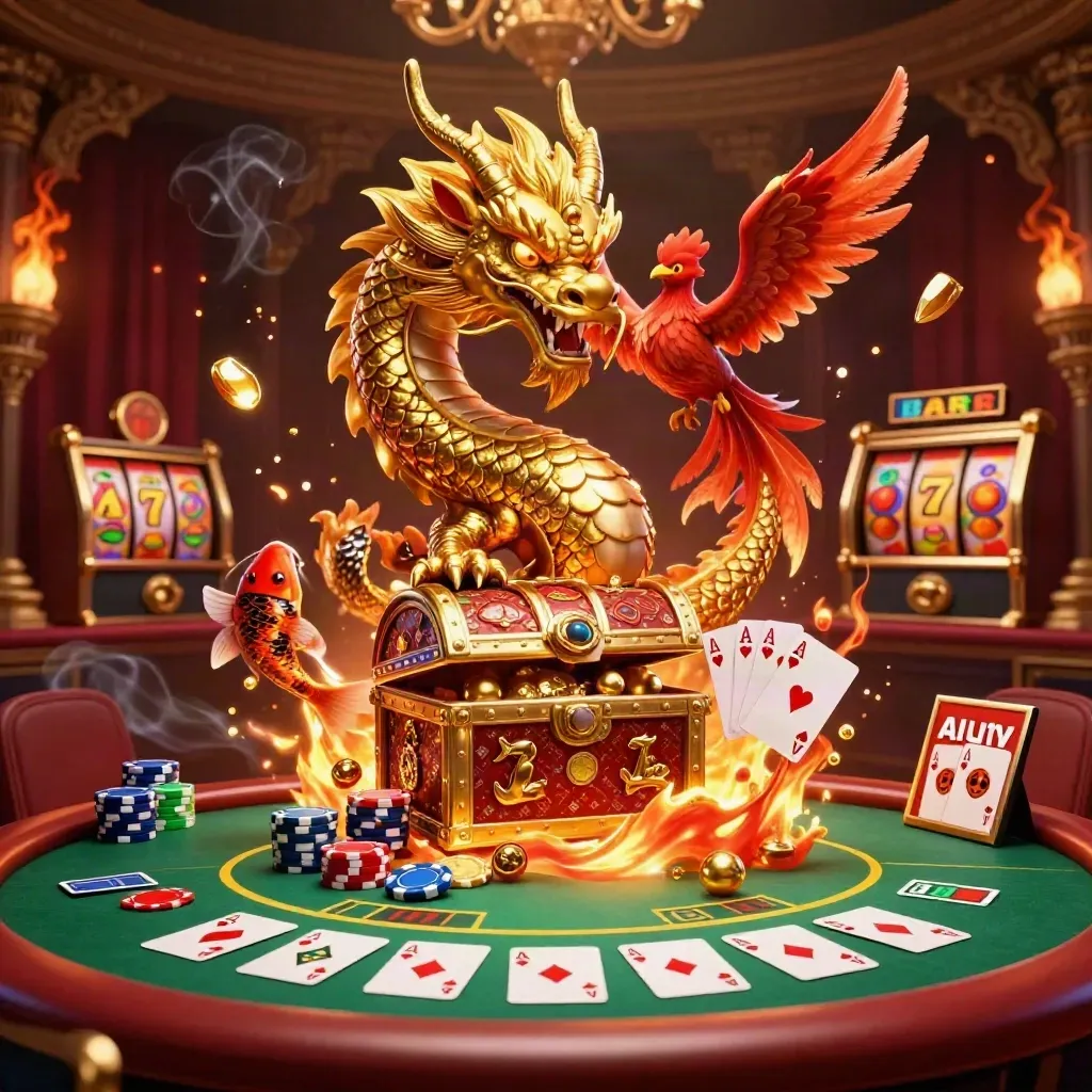 Golden dragon, phoenix and koi erupting with casino chips, cards and treasure on a dark luxe backdrop.