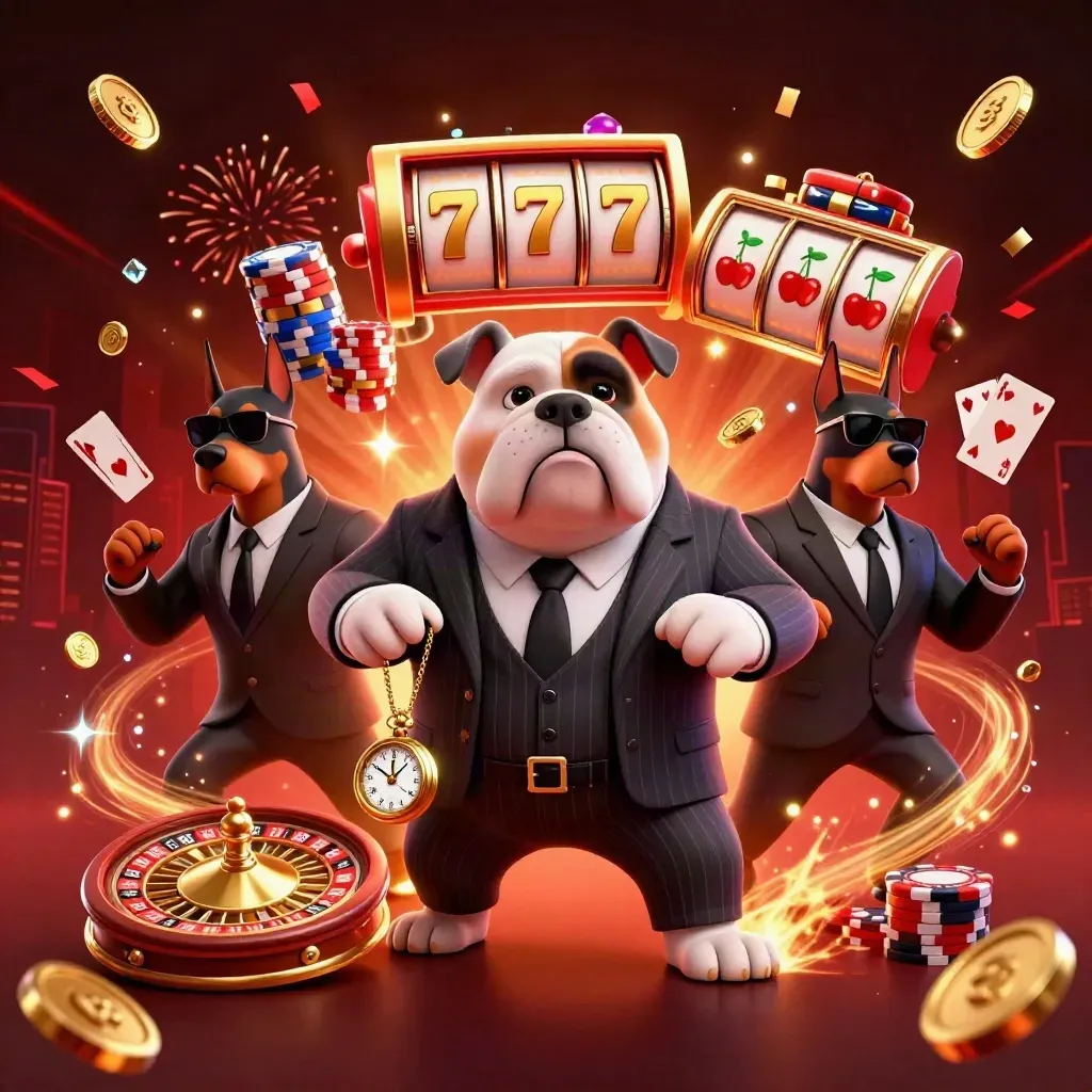 Bulldog mafia boss with two Dobermans amid gold coins, chips, cards, roulette and fiery glow.