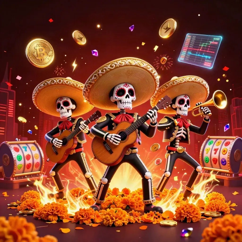 Skeleton mariachi trio amid neon coins, lightning, confetti, and slot symbols
