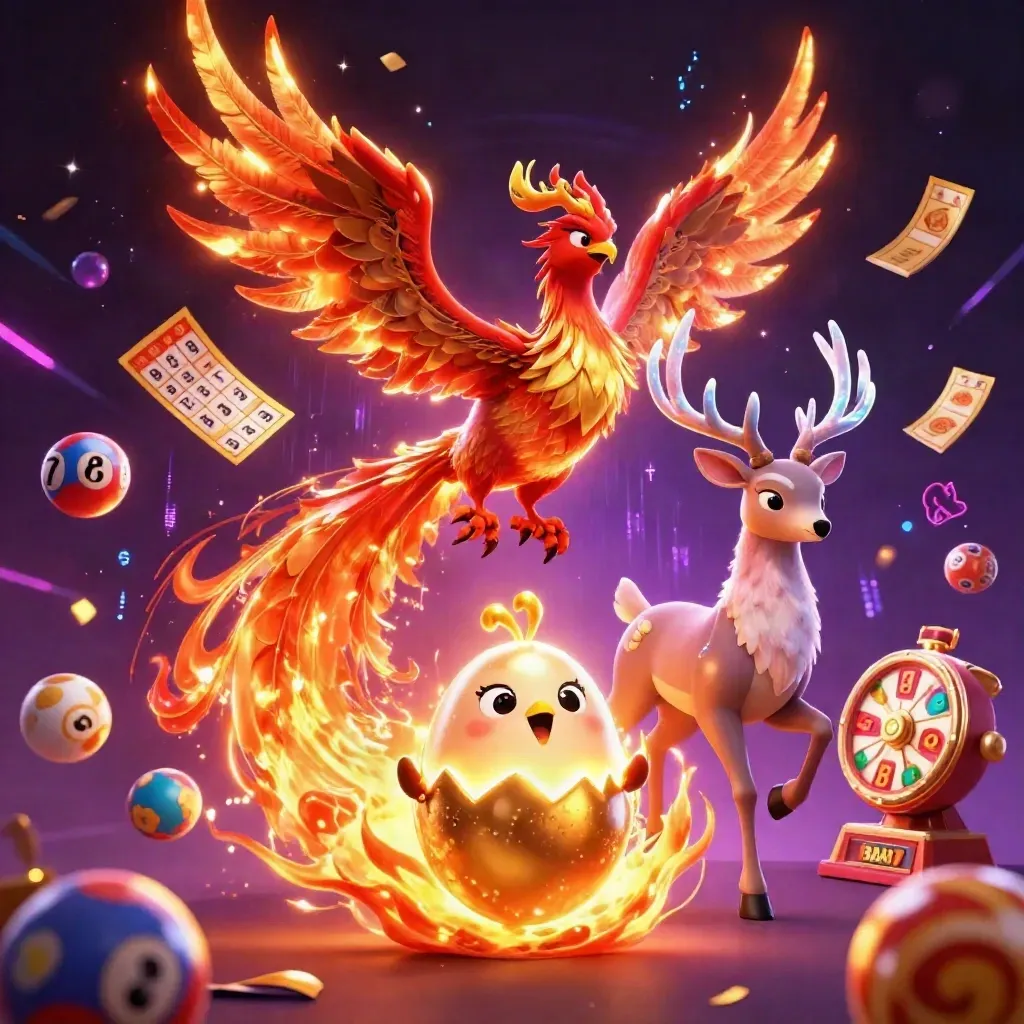 Phoenix, hatching chick, and crystal-antler stag amid casino magic and glowing game props
