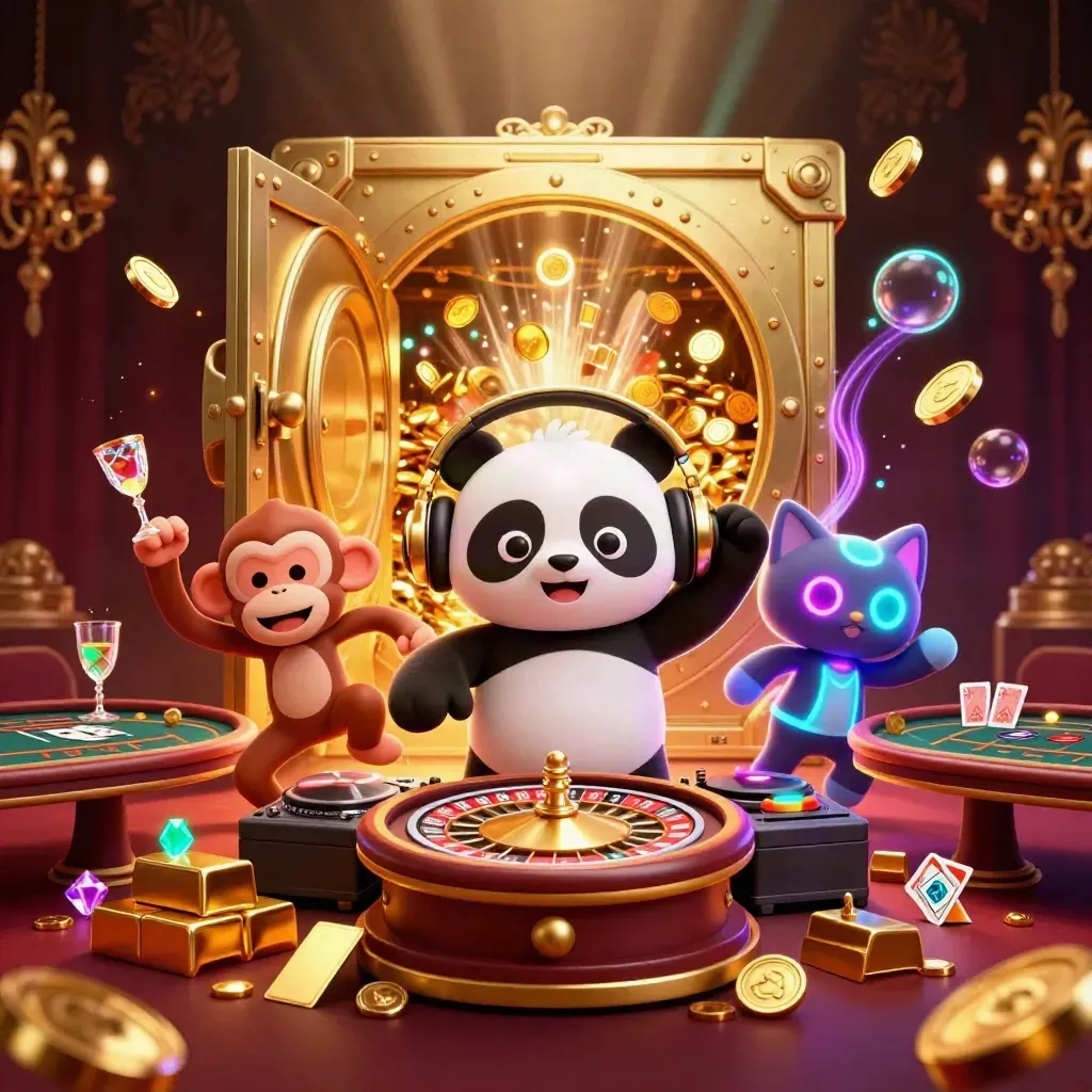 DJ panda, dancing monkey and glow-stick kitten erupt from a golden vault with coins and neon casino energy.
