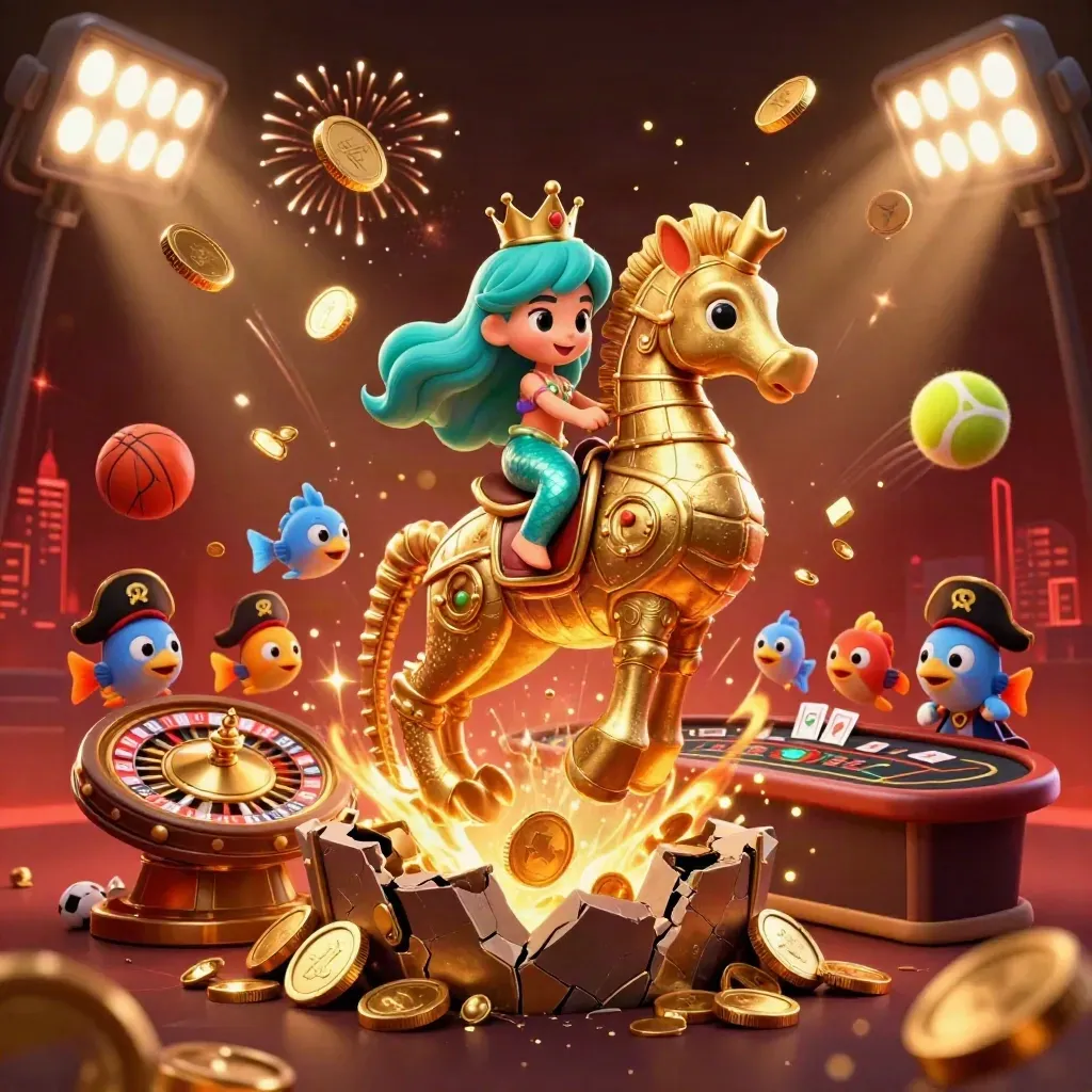 Mermaid princess on a golden seahorse amid coins, fireworks, sports balls and casino props.