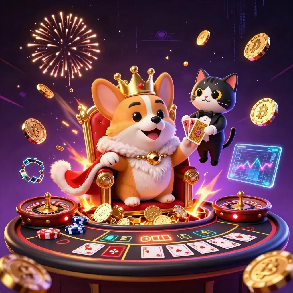 Crowned corgi and cat butler amid flying coins, chips, fire, and neon casino effects.