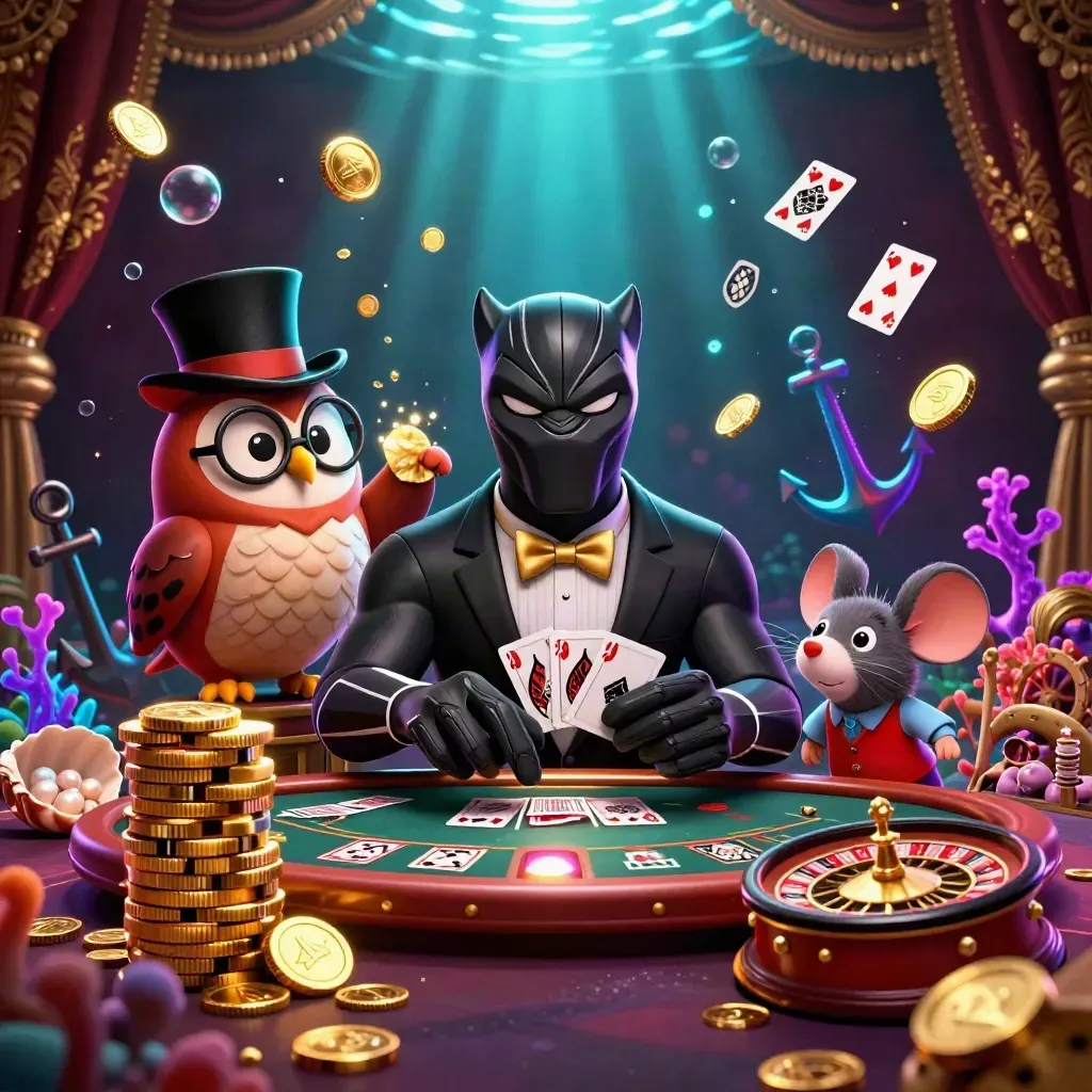 Panther, owl, and mouse amid coins, cards, coral, and fiery casino treasure.