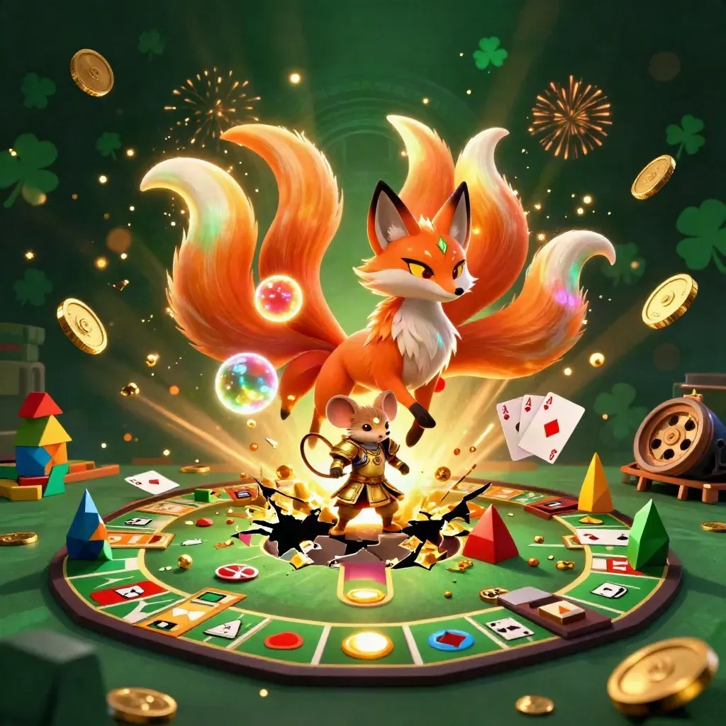 Nine-tailed fox spirit and armored mouse amid casino burst, coins, chips, cards, and fireworks.