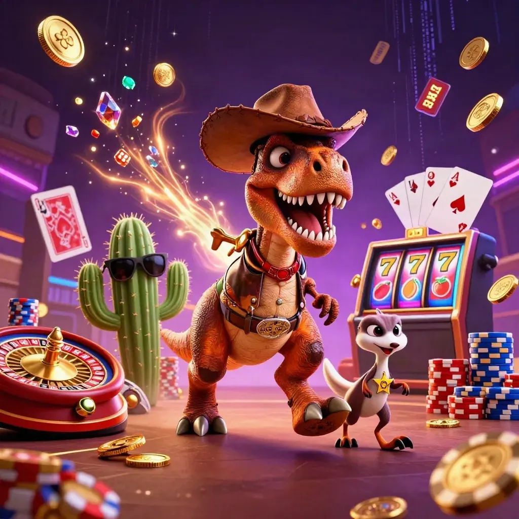 Cowboy T-Rex, cactus sidekick, and roadrunner amid casino spins, chips, coins, and neon fire.