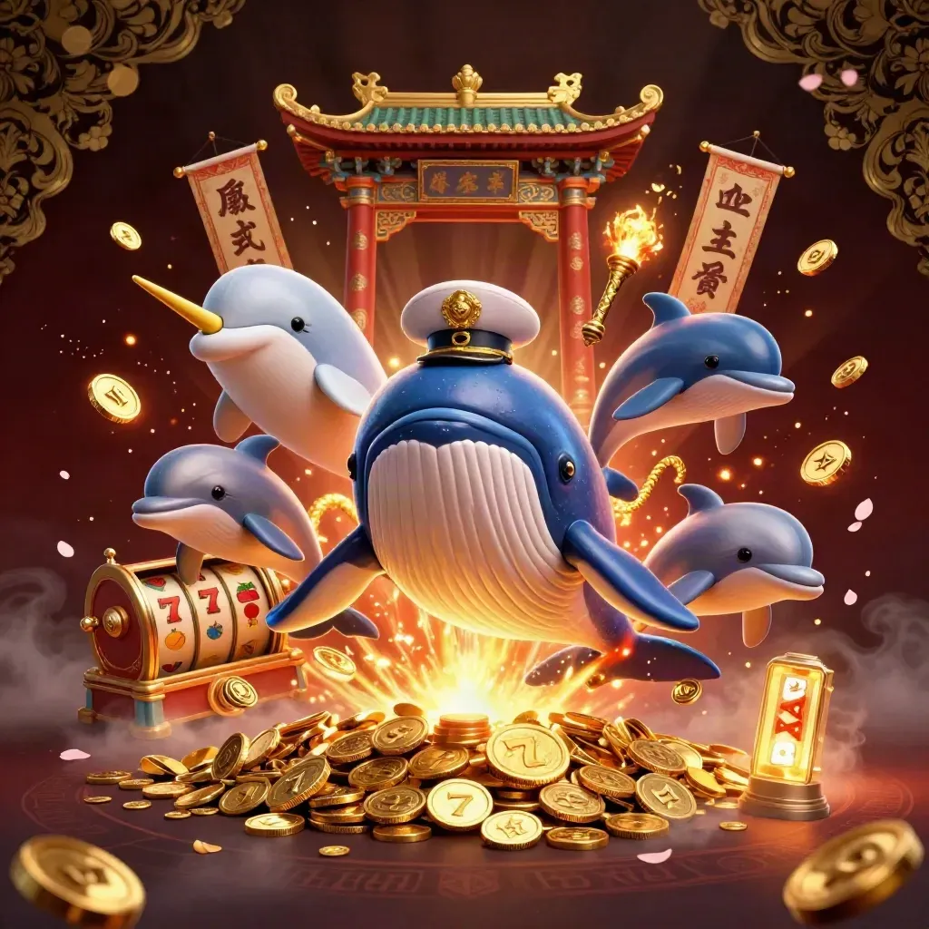 Whale captain, narwhal, and dolphins amid coins, reels, temple gate, and fiery casino glow