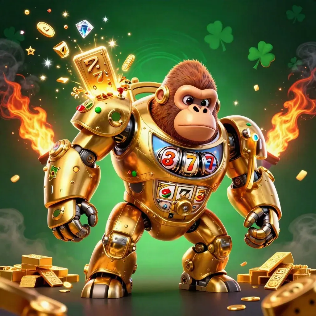 Golden gorilla mech with monkey pilot, exploding vault, reels, gold, gems, and fiery casino lights.