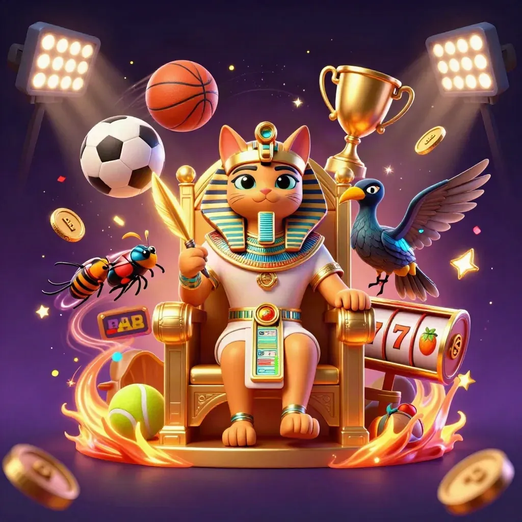 Pharaoh cat on golden throne with ibis scribe, scarabs, and casino game effects in neon glow