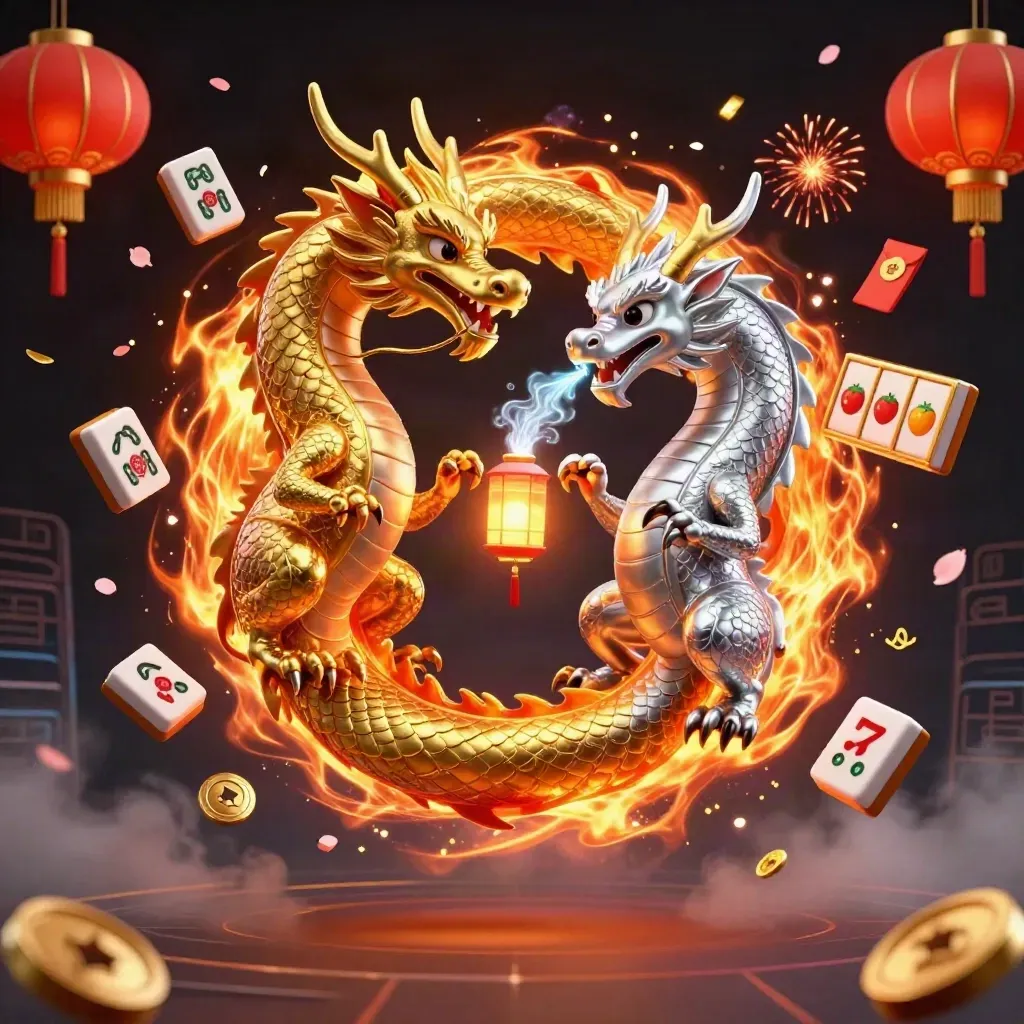 Twin dragons form a fiery yin-yang with casino charms and glowing reels on a dark neon backdrop.