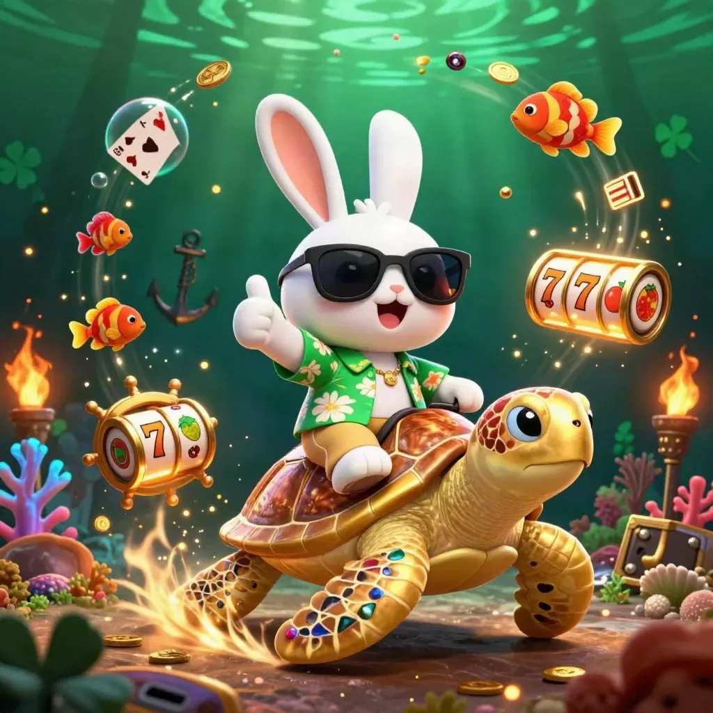 Lucky rabbit rides a golden sea turtle through a glowing underwater treasure cove.