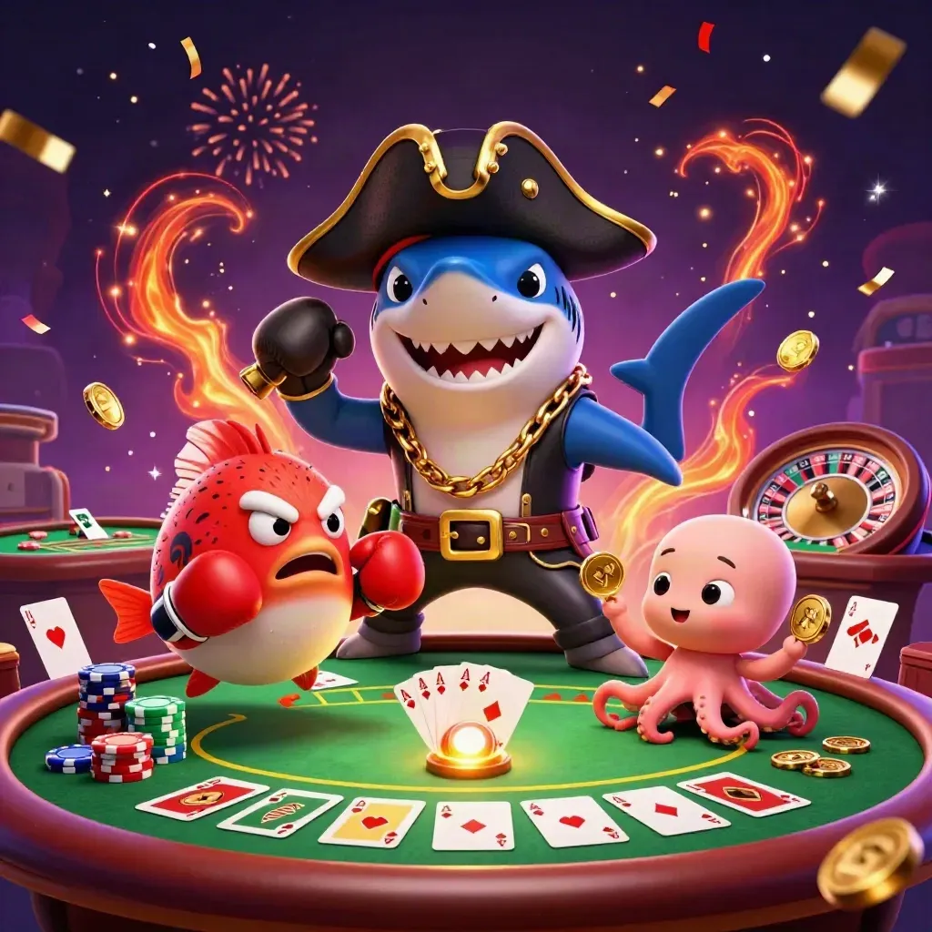 Pirate shark, boxing pufferfish, and coin-juggling octopus in a fiery casino scene.