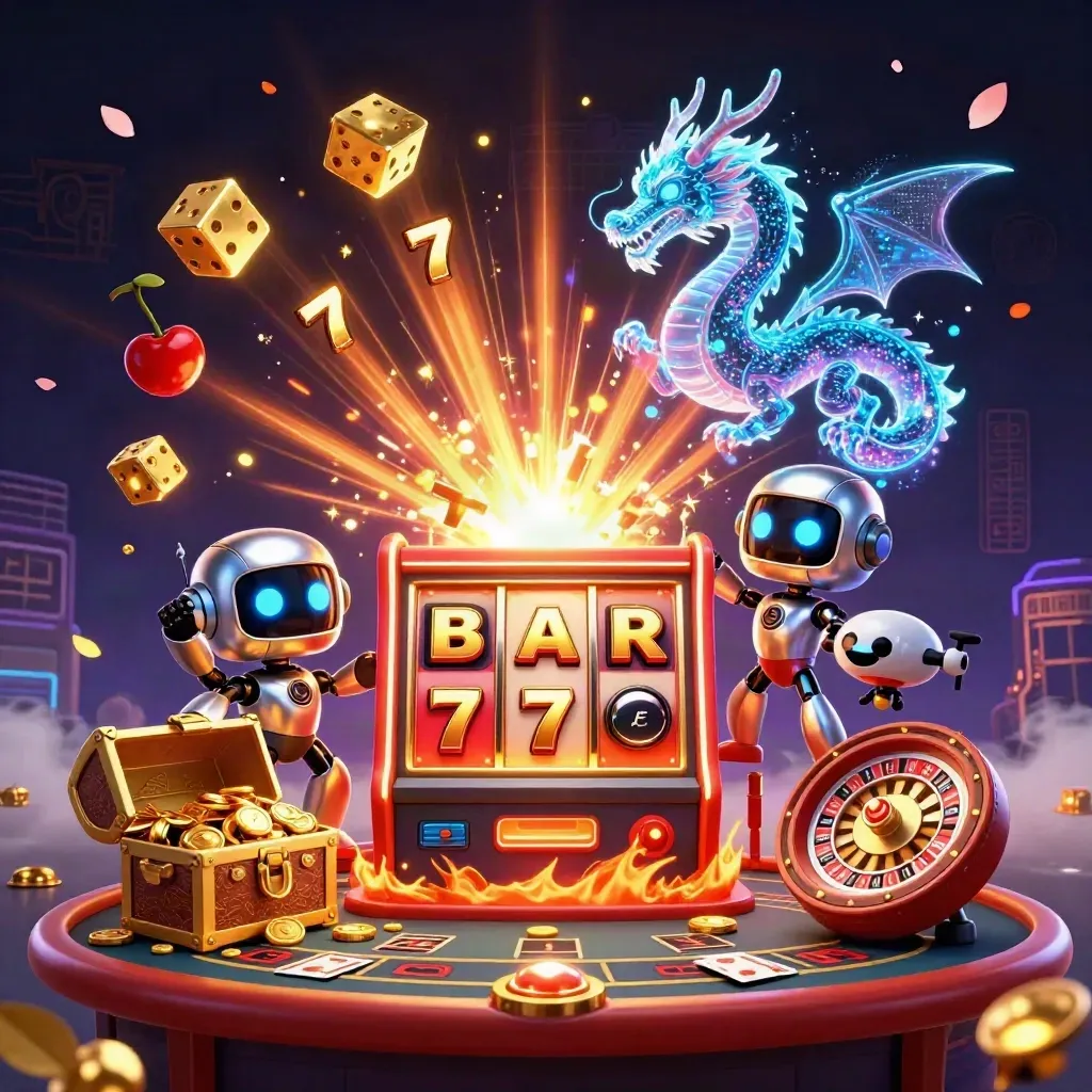 Cyberpunk robot, AI dragon and coin drone amid a glowing slot machine, gold, dice and casino symbols