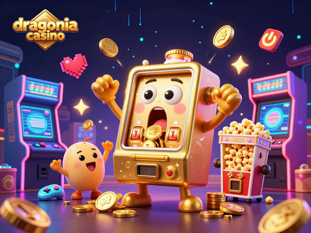 Gagnez avec Dragonia Casino : Illustration d'une machine à sous en or célébrant un jackpot.