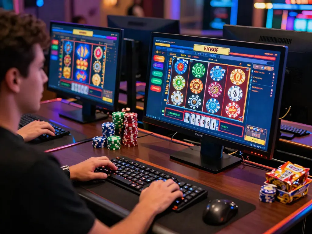 Engaged player exploring credit card casino sites with vibrant games on a sleek computer.
