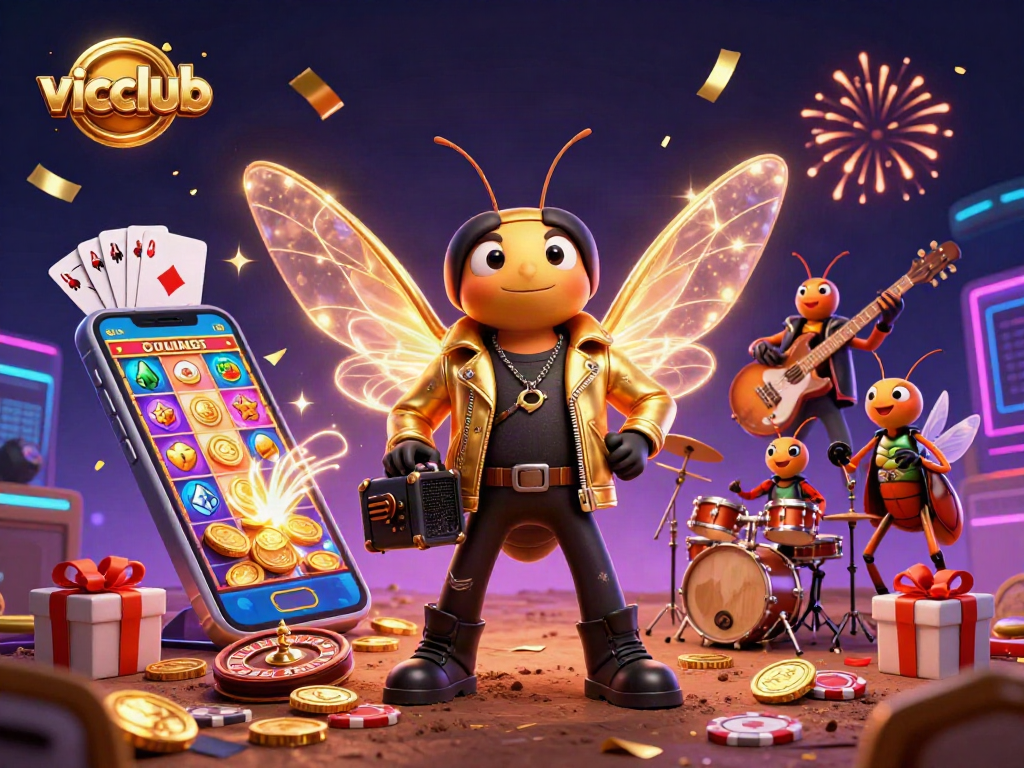 Experience the excitement of vicclub with a vibrant 3D casino scene filled with dynamic game elements.