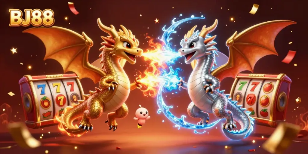 Experience thrilling gameplay at BJ88 with vibrant 3D dragons amid a festive casino atmosphere.