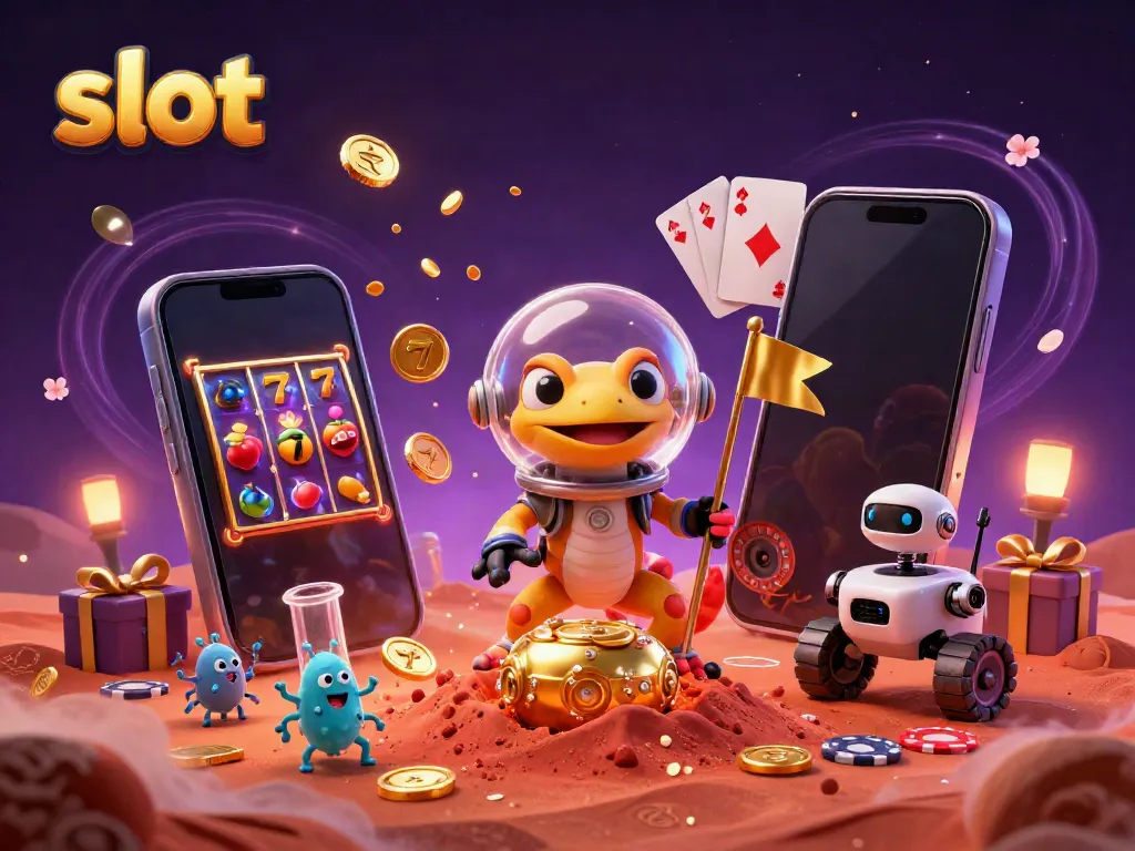 Discover thrilling slot game action with a Martian gecko and casino treasures in this vibrant 3D art.