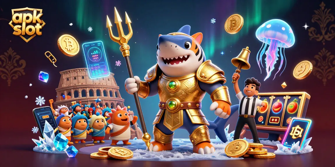 Gambarkan pengalaman bermain apk slot dengan ikan kecil bersorak dan karakter unik di colosseum bawah laut.