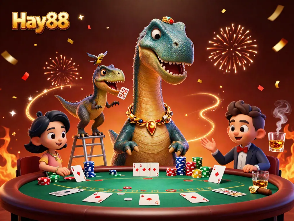 Experience the excitement of Hay88 with a playful brontosaurus and a clever raptor in a vibrant casino setting.