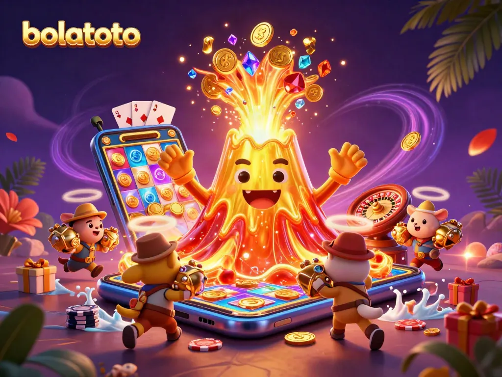 Experience exciting wins with bolatoto as golden treasures erupt from a triumphant volcanic scene.