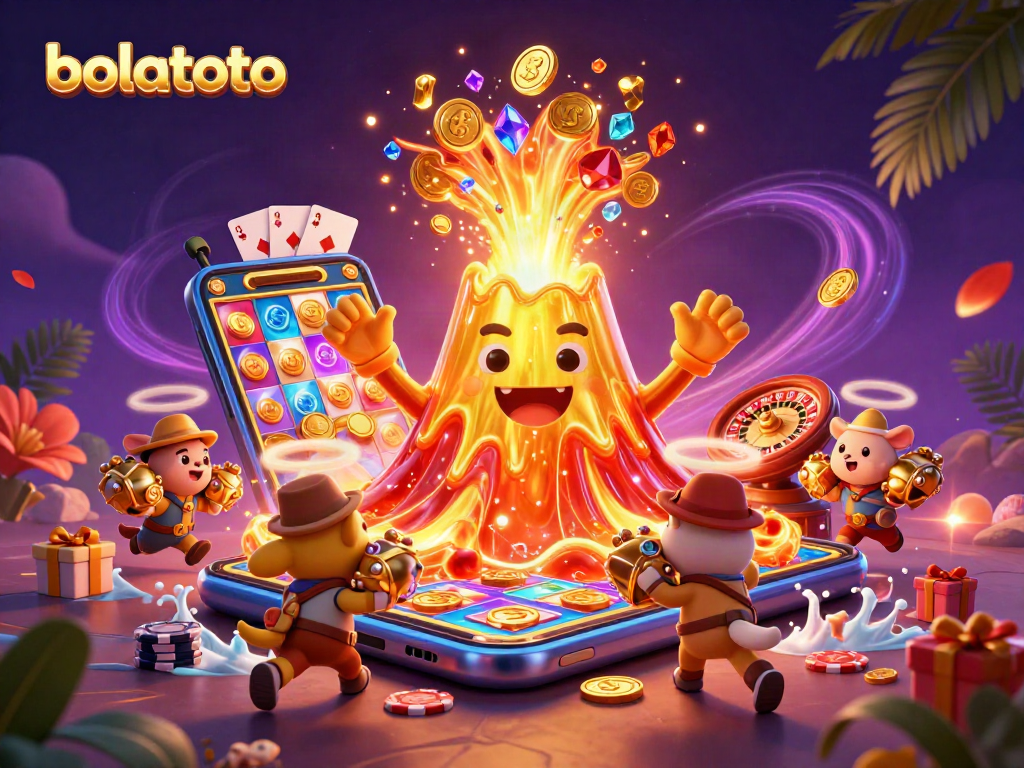 Experience exciting wins with bolatoto as golden treasures erupt from a triumphant volcanic scene.