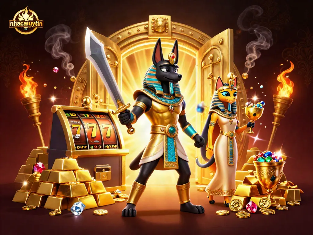 Experience thrilling slot adventures with nhacaiuytin featuring Anubis and Bastet amidst golden treasures.