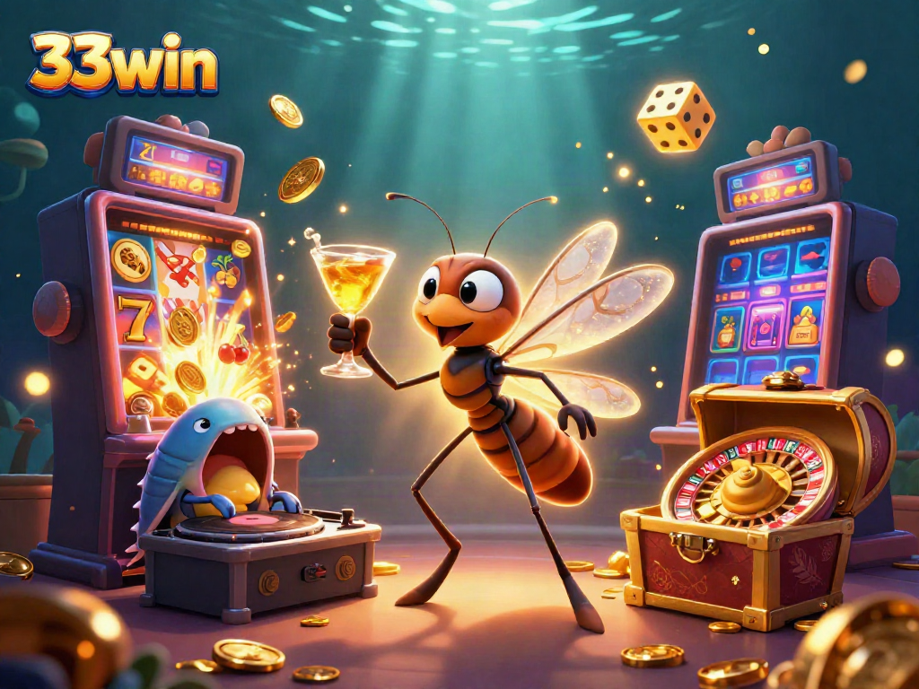 Engage with 33win's vibrant casino scene featuring a mosquito mascot, trilobite DJ, and exploding jackpots.