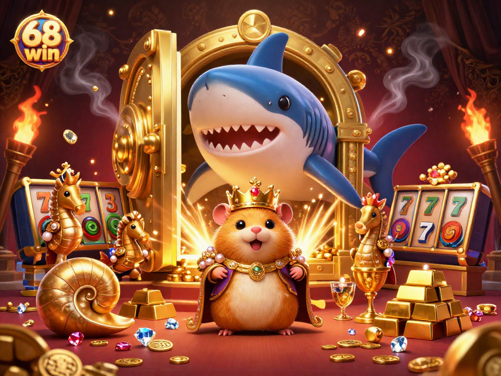 Engage with the thrilling world of 68 win as the golden hamster king reigns in a vibrant casino scene filled with treasures.