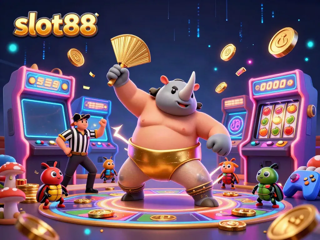 Experience the excitement of slot88 with a dynamic 3D cartoon illustration of a rhinoceros beetle sumo champion, golden coins, and vibrant game elements.